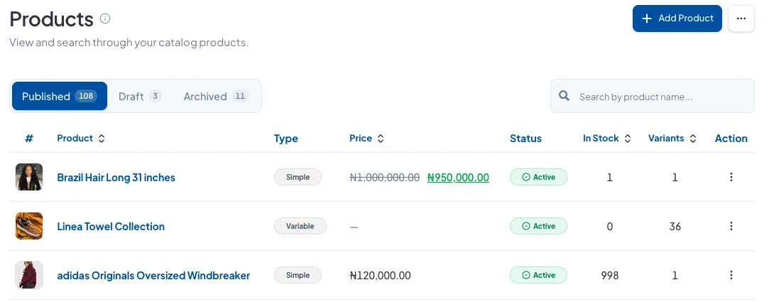 The Products page, with the Add Product button at the top right
