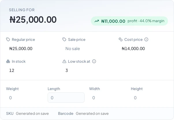 The price and stock card, showing a ₦25,000 price with ₦11,000 profit and a 44% margin