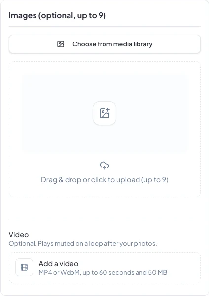 The Images card with Choose from media library, an upload area and Add a video