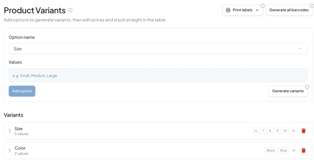Product Variants: the option name and values form, with Size and Color options added