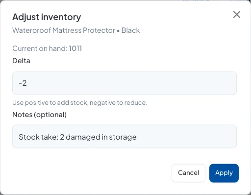 The Adjust inventory dialog with a Delta of -2 and the note: Stock take, 2 damaged in storage
