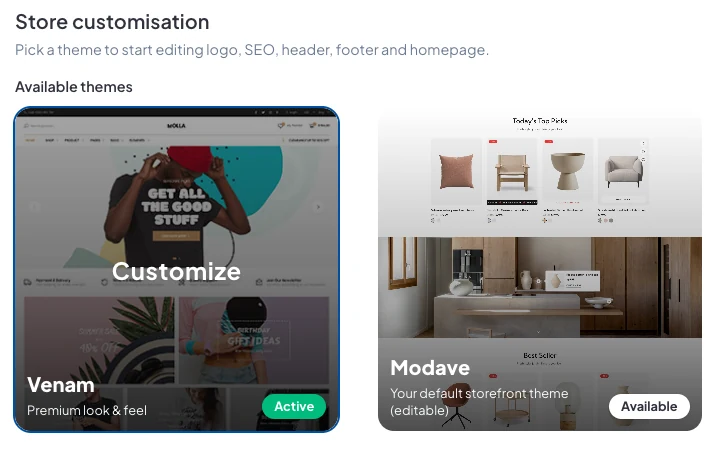 Store customisation, with the Customize button over the Active theme