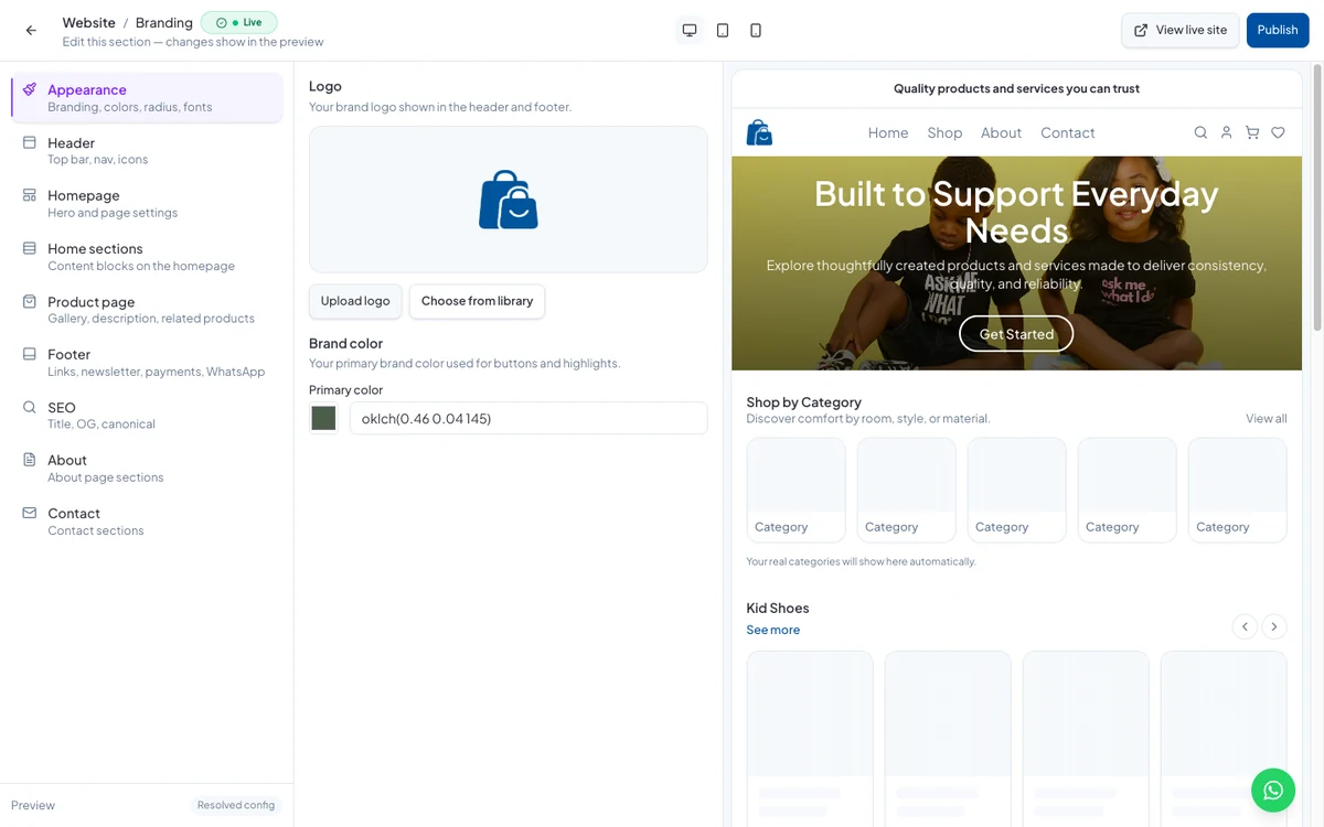 The customiser: sections on the left, the Appearance settings in the middle and a live preview on the right
