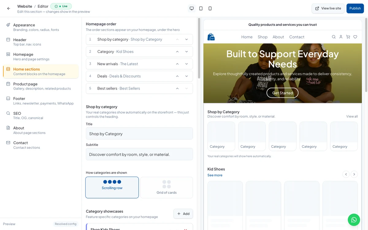 Home sections, with the Homepage order list and the settings for Shop by category