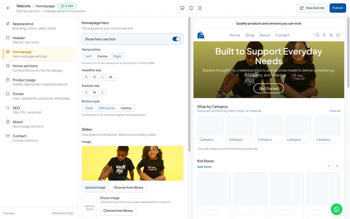 Homepage settings: text position, headline size, button style and a slide image