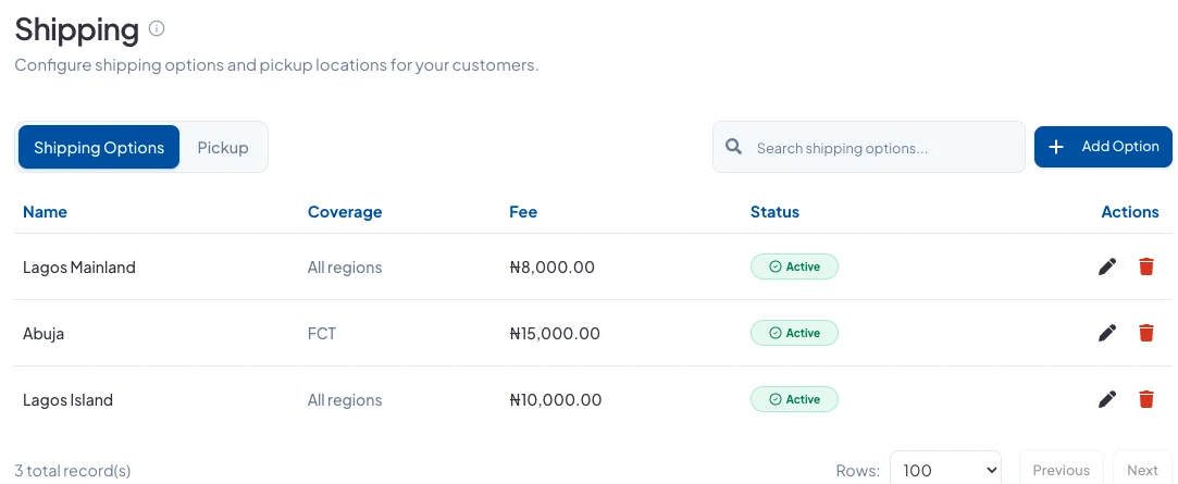 The Shipping page listing delivery options with their coverage, fee and status
