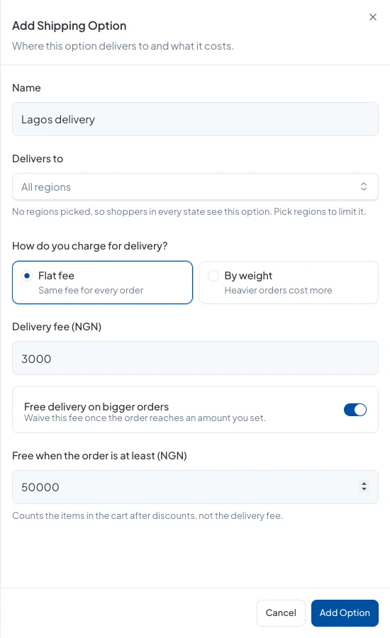Adding a delivery option: a flat ₦3,000 fee, free on orders of ₦50,000 or more