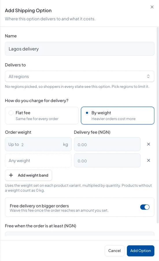 Charging by weight, with a fee for each weight band