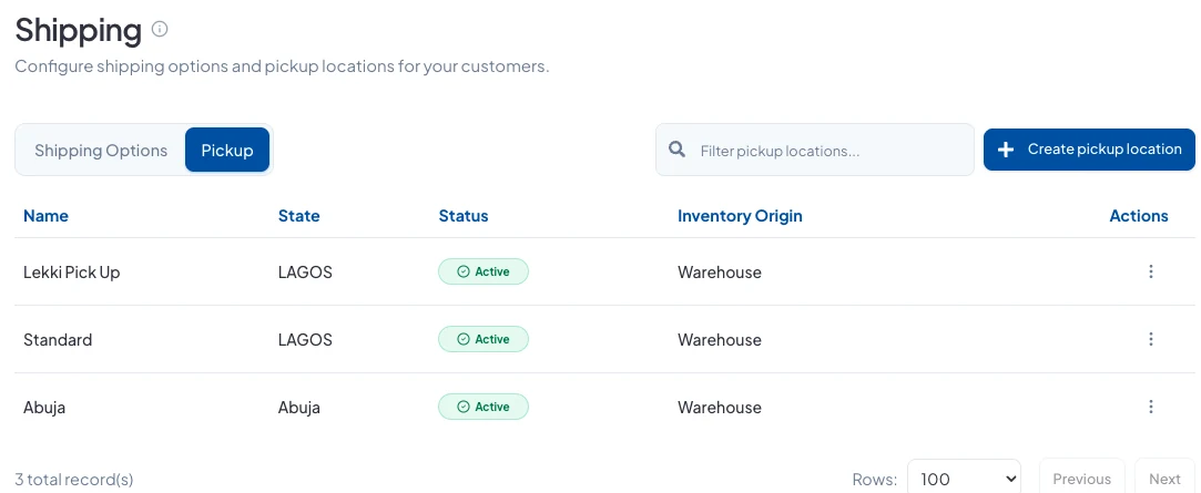 The Pickup tab listing pickup locations, their state and the stock location they use