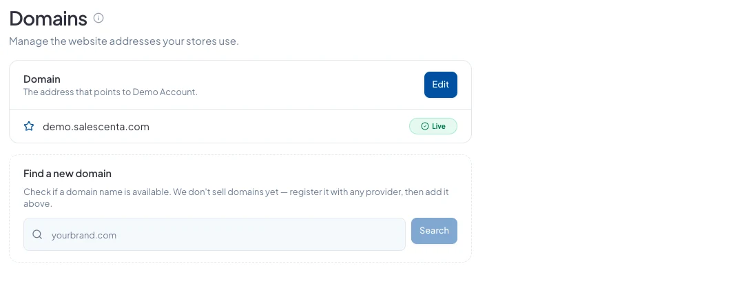 The Domains page showing the store's address marked Live, and a search to check if a domain is available