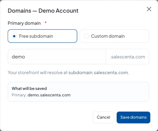 Editing the free subdomain, with a preview of the address that will be saved
