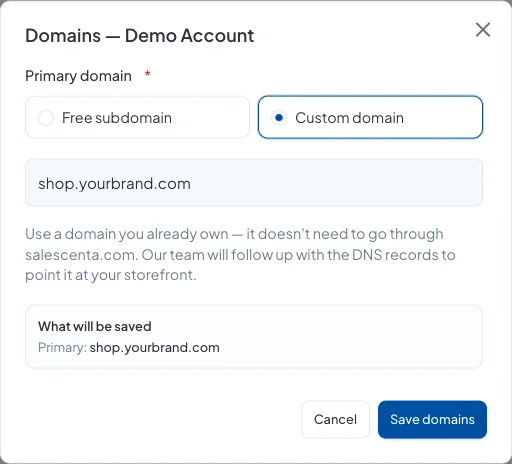 Choosing Custom domain and entering shop.yourbrand.com