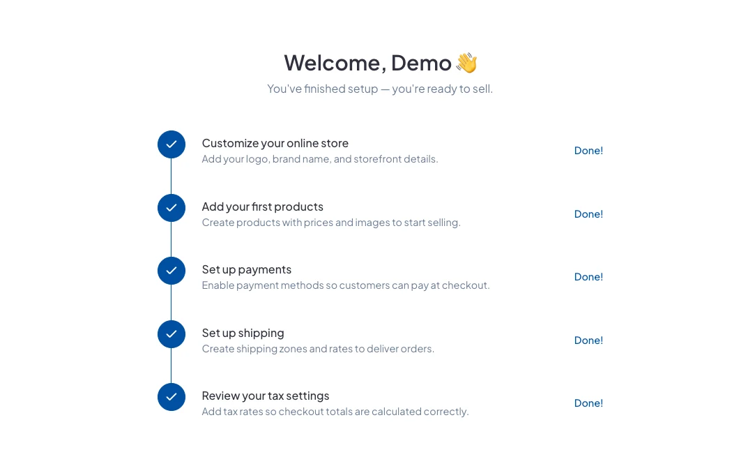 The setup checklist with all five tasks marked Done