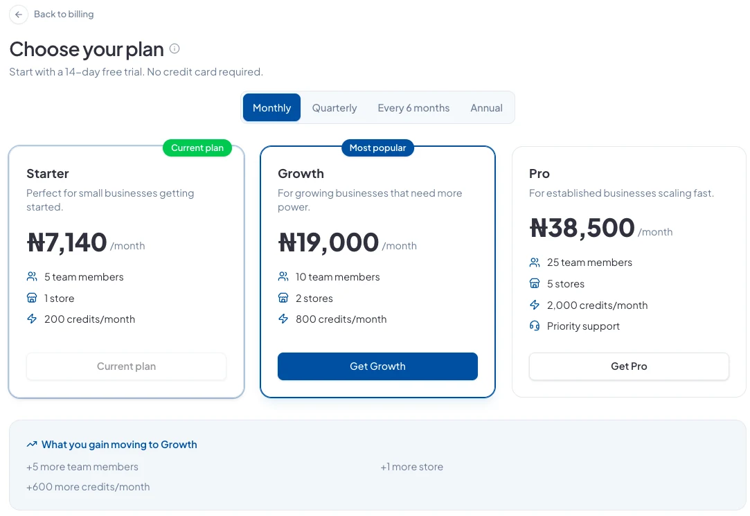 The Choose your plan page showing Starter, Growth and Pro with monthly prices