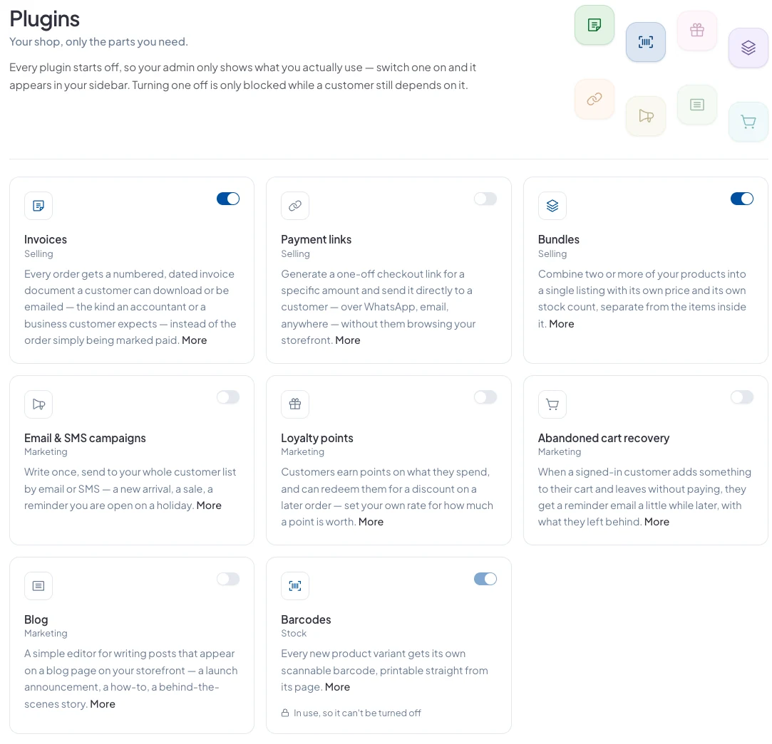 The Plugins page with a card and a switch for each plugin