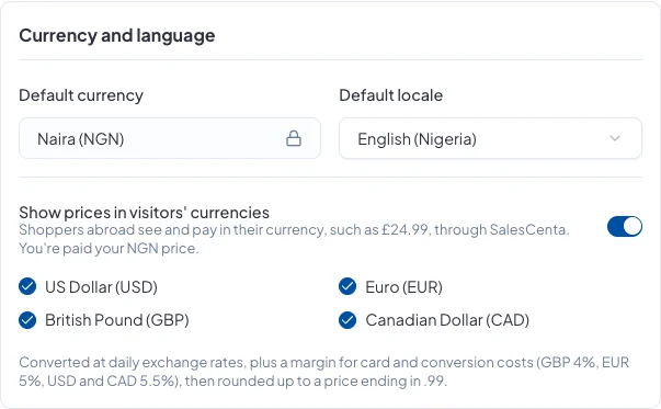Currency and language: showing prices in visitors' currencies, with USD, EUR, GBP and CAD ticked