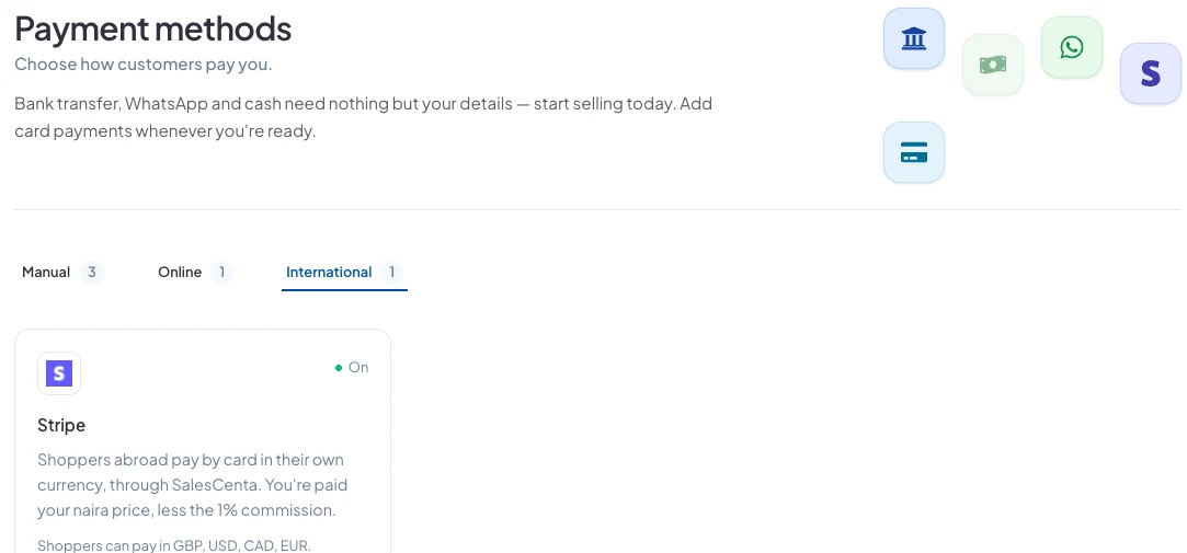 Payment methods, International tab: card payments in GBP, USD, CAD and EUR