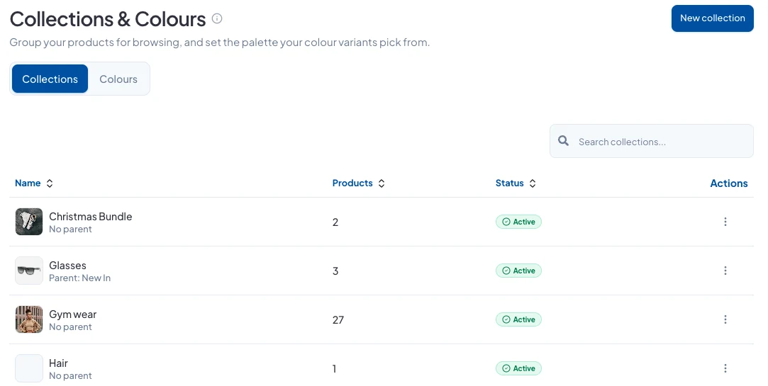 Collections & Colours, listing collections with their product counts
