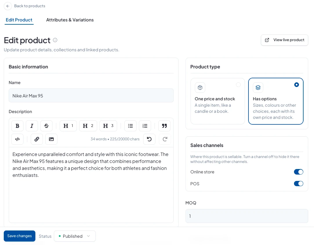 Editing a product, with Save changes and its status at the bottom
