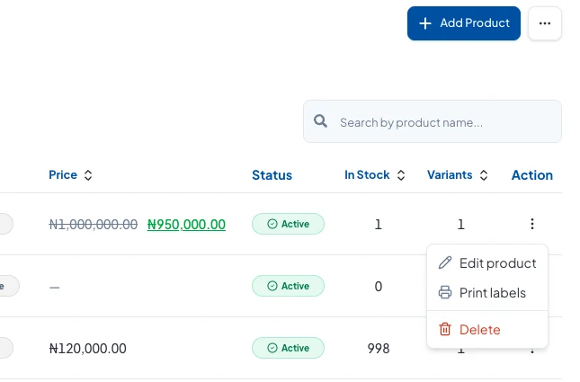 The menu on a product row: Edit product, Print labels and Delete