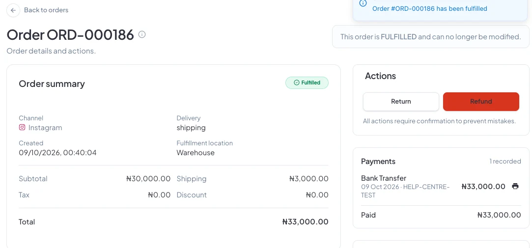 A fulfilled order, with Return and Refund now in its actions