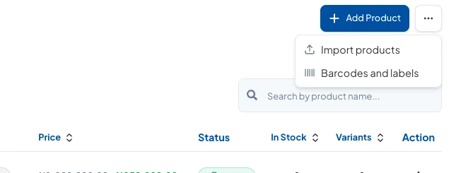 The menu next to Add Product, with Import products