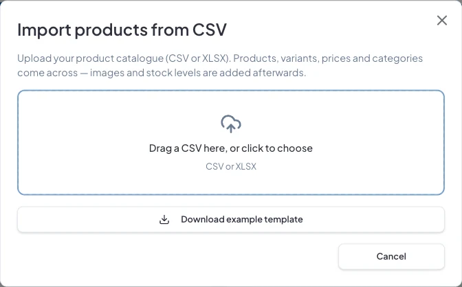 Import products from CSV, with the upload area and Download example template