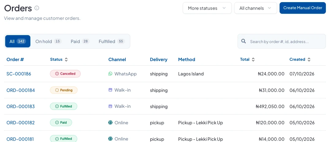 The Orders page with status tabs and the Create Manual Order button