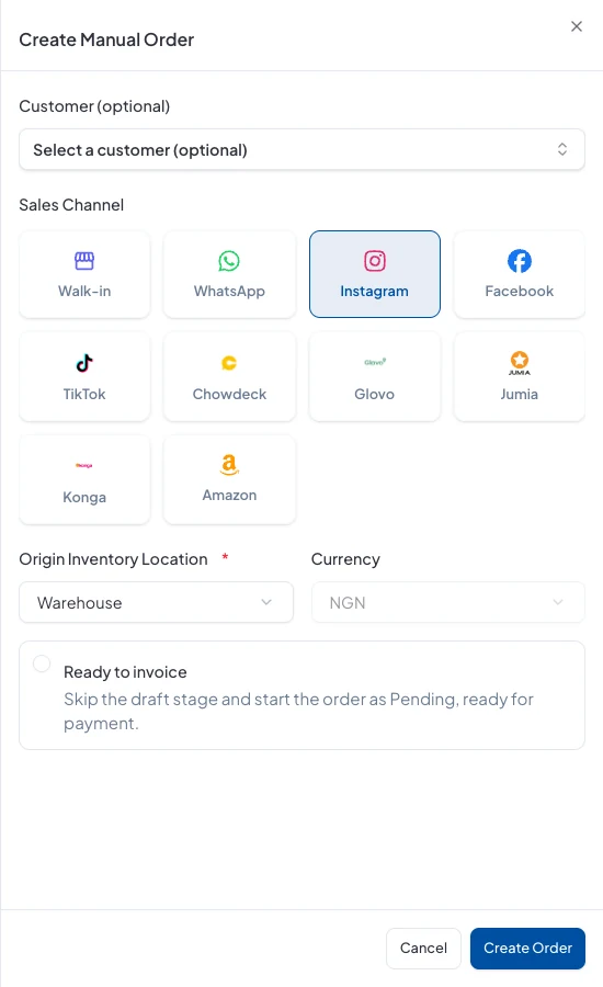 Create Manual Order: customer, sales channel, stock location and currency