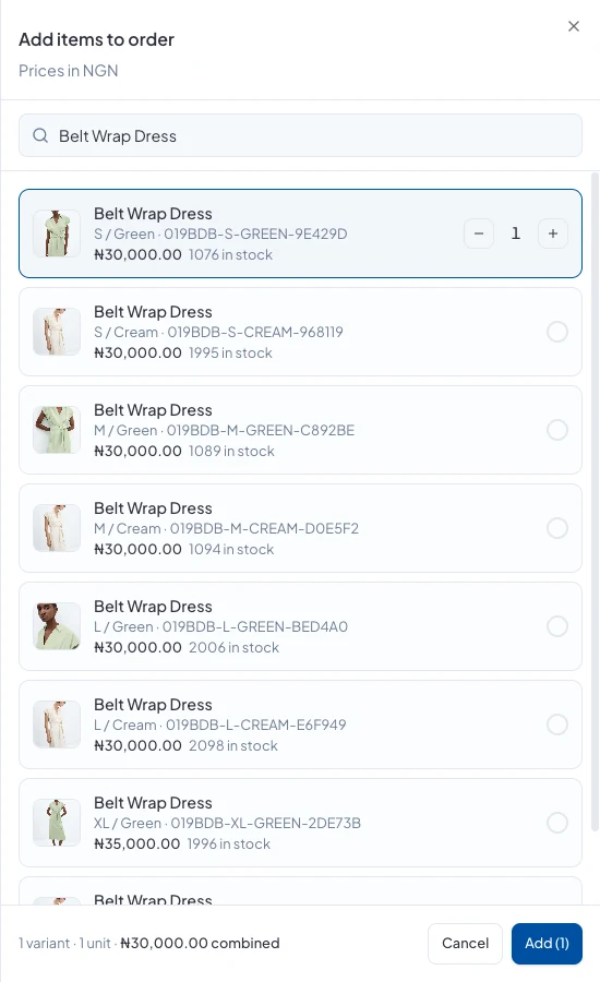 Adding items to an order, with one Belt Wrap Dress selected