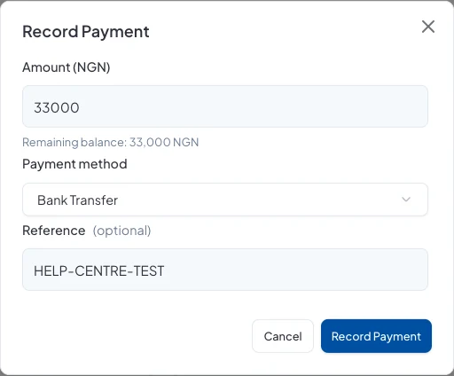 Record Payment: ₦33,000 by bank transfer with a reference