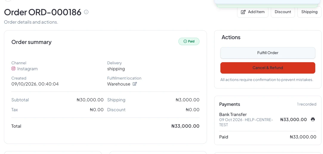 A paid order with its total, the Fulfill Order action and the recorded payment
