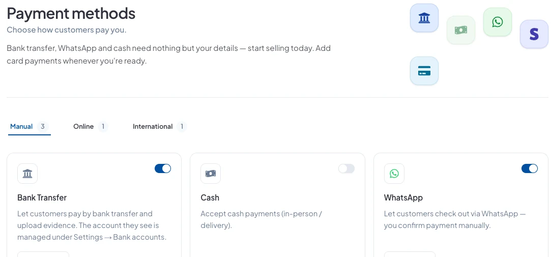 Payment methods, Manual tab: Bank Transfer, Cash and WhatsApp