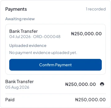 A bank transfer awaiting review, with the Confirm Payment button