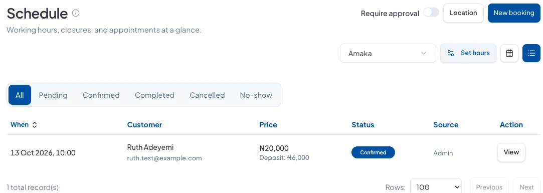 The appointment in the list view: 13 October, 10:00, ₦20,000 with a ₦6,000 deposit, Confirmed