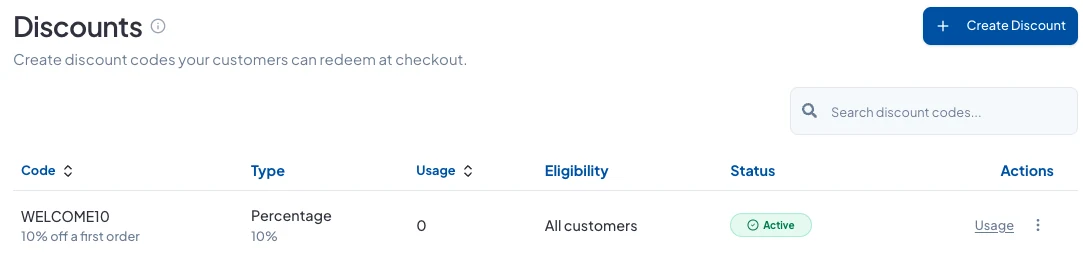 The Discounts list showing WELCOME10, 10%, active, with its usage