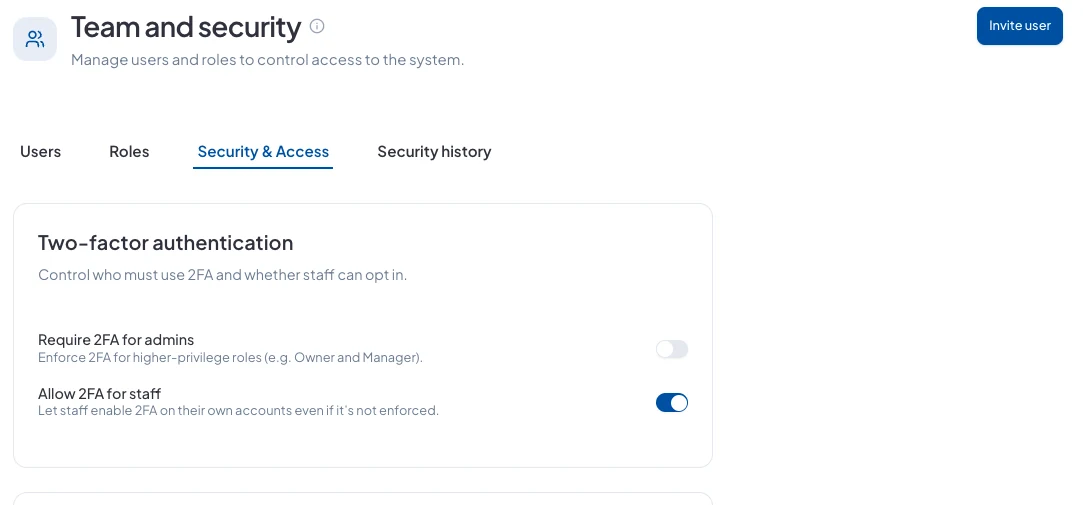 Security & Access: two-factor authentication settings for admins and staff