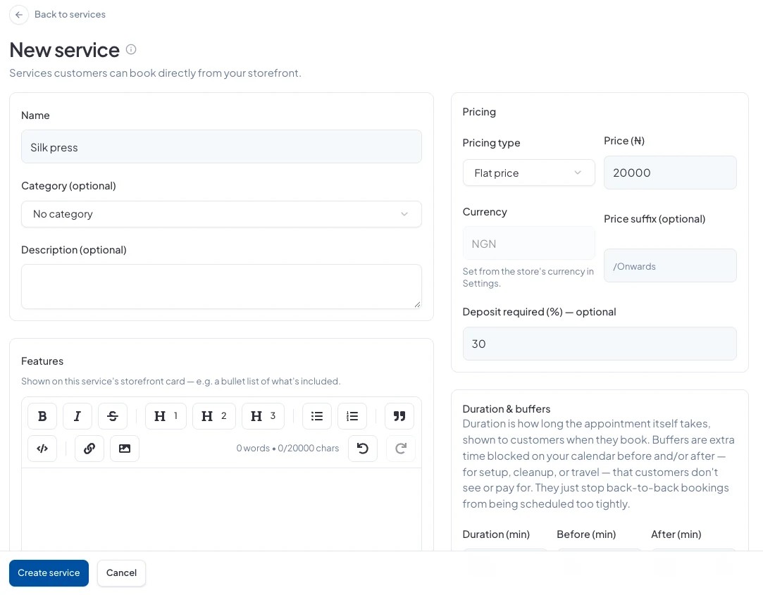 The New service page, with the name, description and pricing