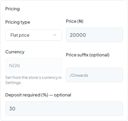 Pricing: a flat ₦20,000 price with a 30% deposit
