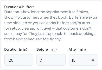 Duration & buffers: 120 minutes, with 15 minutes after