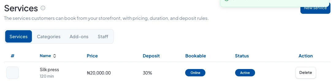 The Services list showing Silk press, 120 minutes, ₦20,000 with a 30% deposit