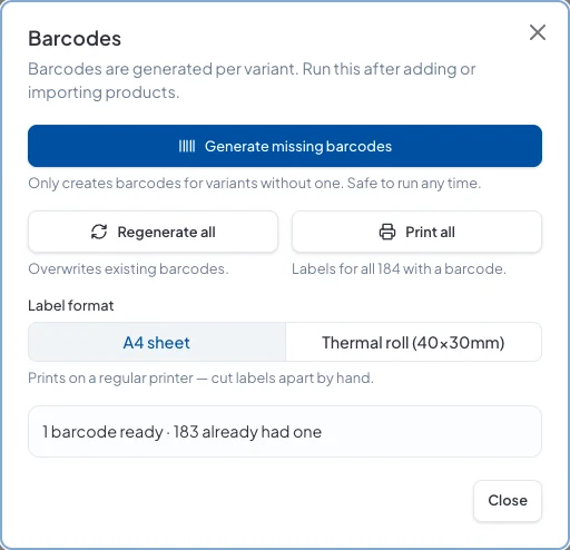 The Barcodes window with Generate missing barcodes, Regenerate all, Print all and the label format