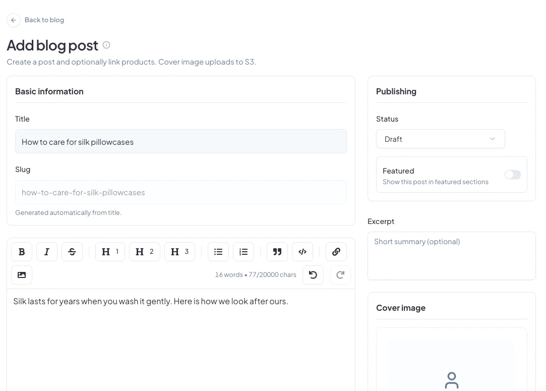 Writing a new blog post: title, slug and the editor