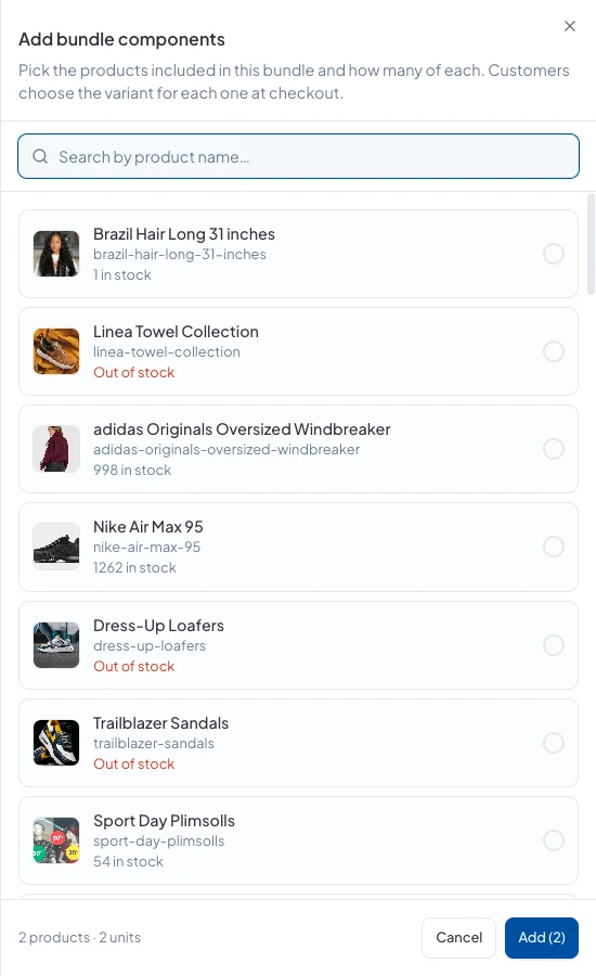 Adding bundle components by searching and ticking products