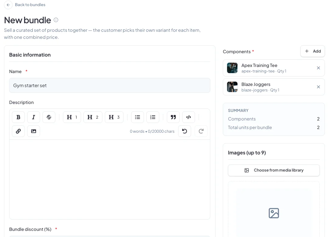 The New bundle page, with the name, description and two components added