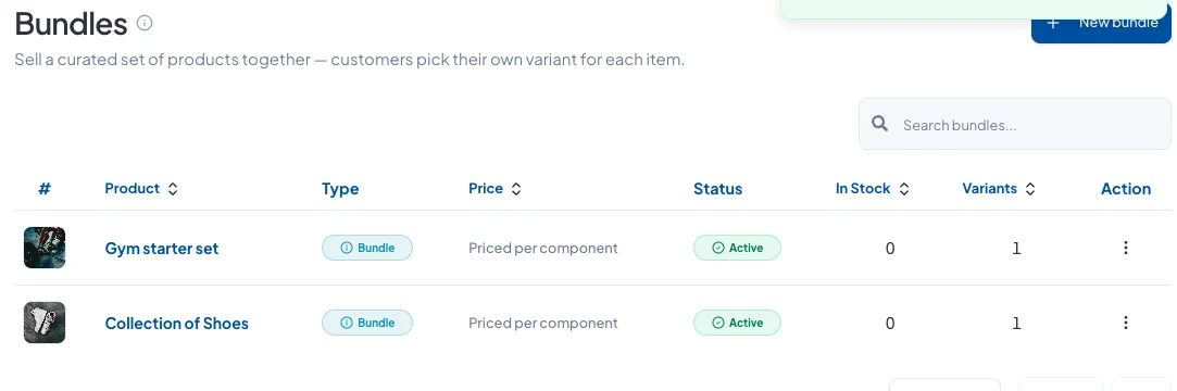 The Bundles list showing two bundles, each priced per component