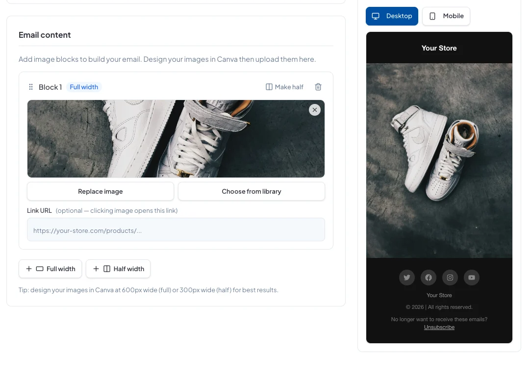 Step 2: adding image blocks, with a live preview