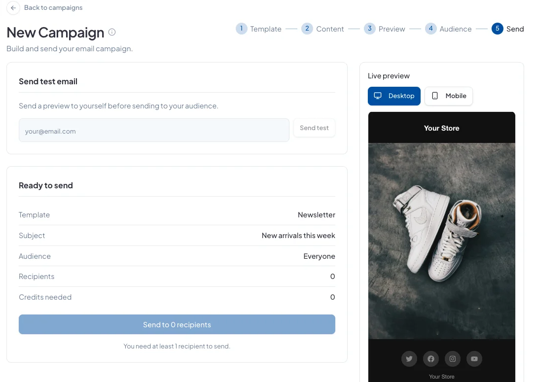 Step 5: sending a test and the ready-to-send summary