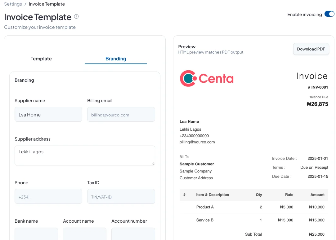 The Branding tab: supplier name, billing email, address, phone and tax ID