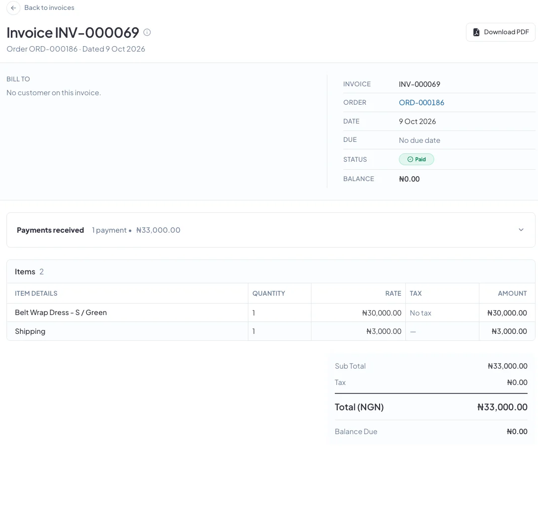 An issued invoice, INV-000069, with its items, totals and the Download PDF button
